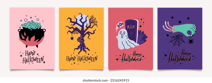 Happy Halloween Party Plakate Schablone Set mit Schriftzug im flachen Design. Baum, Hexenkessel, Spinnennetz, Grabstein, tote Hand. Vektorhintergrundkollektion.
