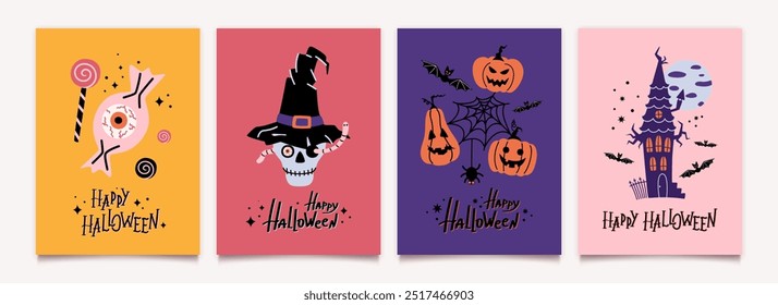 Happy Halloween Party Plakate Schablone Set mit Schriftzug im flachen Design. Halloween Leckereien, Kürbisse, Spinnennetz, Schädel, Hexenhut, Spukhaus. Vektorhintergrundkollektion.
