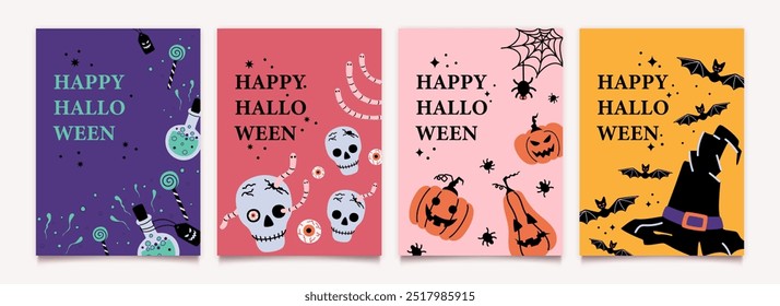 Feliz festa de Halloween modelo de cartazes definido com letras em design plano. Poção, crânio, chapéu de bruxa, teia de aranha, morcego. Coleção de planos de fundo do vetor.
