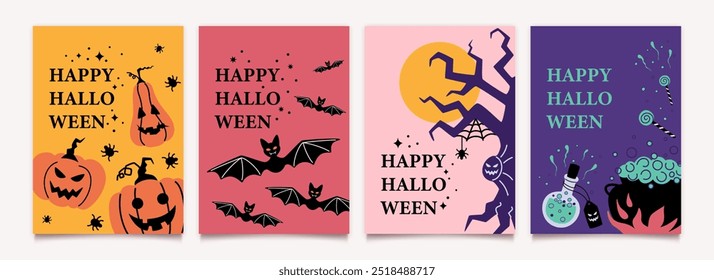 Happy Halloween party posters template set with lettering in flat design. Tree, pumpkin, spider web, witch's cauldron, potion, bat. Vector backgrounds collection.
