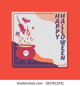 Happy Halloween party promo sale poster template with magic elements. broom, poison bottle, coffin, book, voodoo doll. Poster, banner, special offer with copy space