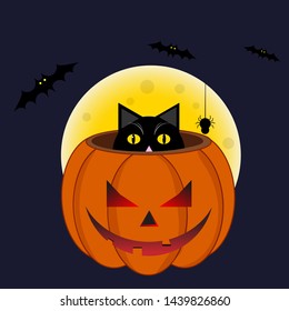 Happy Halloween party pumpkins with a black cat and full moon