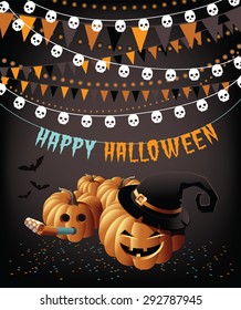 Happy Halloween party pumpkins bunting and confetti greeting card EPS 10 vector