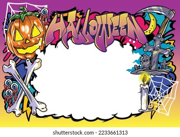 Happy Halloween party and pumpkins illustration with street graffiti letters, tags, words, street art, style, spray paint, emoji, fresh and colorful