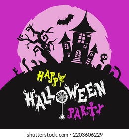Happy Halloween Party Purple Poster with Creepy House. Spooky illustration for your fun and scary projects.