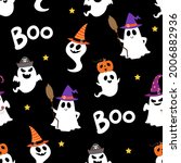 Happy halloween party seamless pattern background with cute ghost and fancy hat. Holidays cartoon character. -Vector