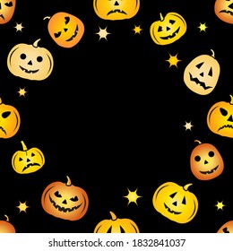 Happy Halloween Party seamless pattern. Vector illustration Jack O'Lantern Spooky orange pumpkin with smile. Holiday cartoon character se. Trick or treat festive background. Empty space for text