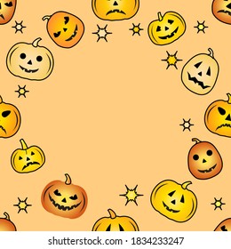 Happy Halloween Party seamless pattern. Vector illustration Jack O'Lantern Spooky orange pumpkin with smile. Holiday cartoon character se. Trick or treat festive background. Empty space for text
