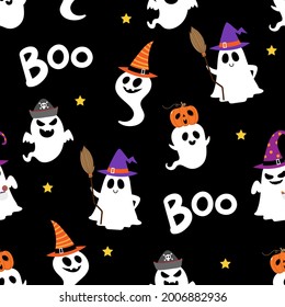 Happy Halloween Party Seamless Pattern Background With Cute Ghost And Fancy Hat. Holidays Cartoon Character. -Vector