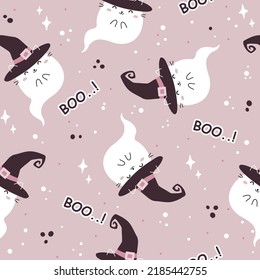 Happy halloween party seamless pattern background with cute ghost and fancy hat. Holidays cartoon character. -Vector illustration