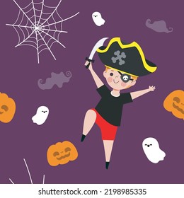 Happy halloween party seamless pattern with cute pirate trick or Treating background Holidays cartoon character flat style Vector illustration