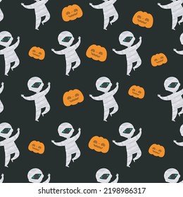 Happy halloween party seamless pattern with cute mummy trick or Treating background Holidays cartoon character flat style Vector illustration