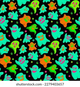 Happy halloween party seamless pattern background with cute ghost. Holidays cartoon character. Vector. Holiday backdrop for wrapping paper, fabric, textile, scrapbook.