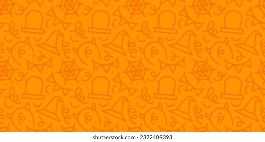 Happy halloween party seamless pattern. Funny cartoon line doodle background illustration of scary autumn celebration decoration and childish shapes.	