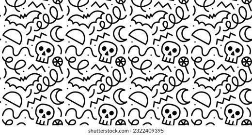 Happy halloween party seamless pattern. Funny cartoon line doodle background illustration of scary autumn celebration decoration in black and white.	
