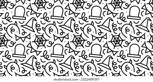 Happy halloween party seamless pattern. Funny cartoon line doodle background illustration of scary autumn celebration decoration in black and white.	
