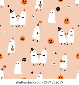 Happy halloween party seamless pattern background with cute ghost, spooky pumpkin and fancy hat. Holidays cartoon character. -Vector