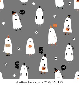 Happy halloween party seamless pattern background with cute ghost, spooky pumpkin and fancy hat. Holidays cartoon character. -Vector