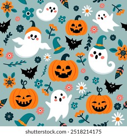 Happy Halloween party seamless pattern with cute ghosts, creepy pumpkin, bats, flowers and fancy hat.