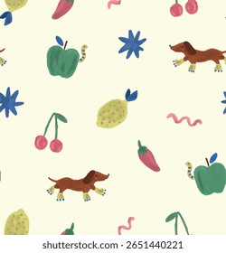 Happy Halloween party seamless pattern background with cute dachshund puppy dog, spooky pumpkin and fancy hat. Holidays cartoon character. -Vector