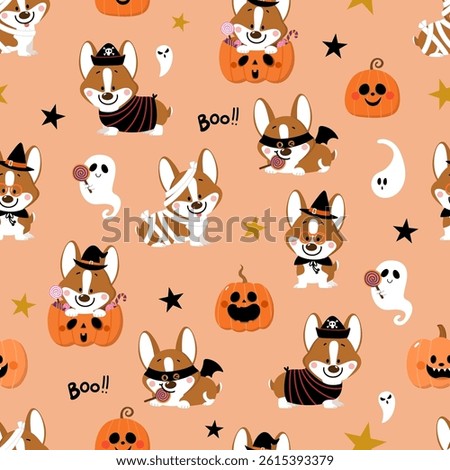 Happy halloween party seamless pattern background with cute corgi puppy dog, spooky pumpkin and fancy hat. Holidays cartoon character. -Vector