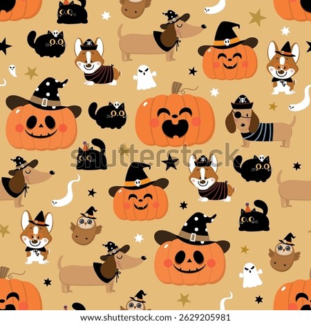 Happy halloween party seamless pattern and  background with cute dachshund puppy wear witch hat, corgi dog, black cat, owl, ghost and spooky pumpkin. Animals holidays cartoon character. -Vector 