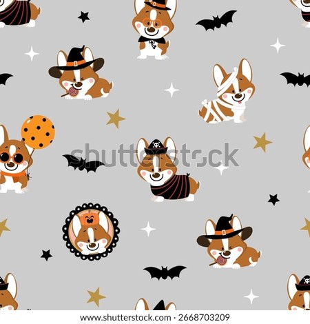 Happy halloween party seamless pattern background with cute corgi puppy dog fancy hat. Holidays cartoon character. -Vector