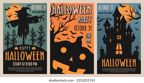 Happy Halloween party set posters colorful fearful pumpkin face and garden scarecrow near frankenstein castle and full moon vector illustration