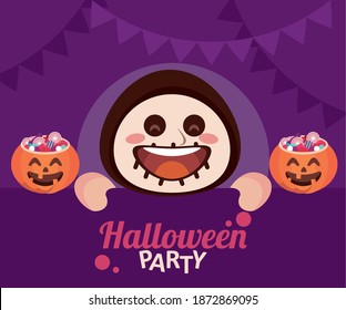 happy halloween party with skeleton and candies in pumpkin vector illustration design