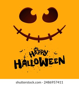 Happy Halloween party square banner design template. Jack O Lantern pumpkin carved scary smiling face on orange background and celebration logo with bat. Trick or Treat autumn holiday greeting card