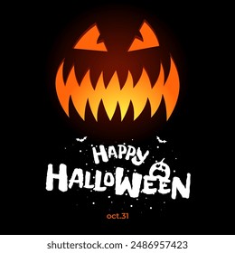 Happy Halloween party square banner design template. Jack O Lantern carved scary smiling face pumpkin on black background and creative inscription. Trick or Treat October 31 holiday eps greeting card