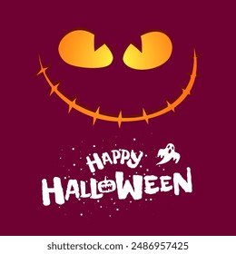 Happy Halloween party square banner design. Jack O Lantern pumpkin carved scary smiling face on color background and celebration logo with ghost. Traditional October 31 holiday greeting card. Eps