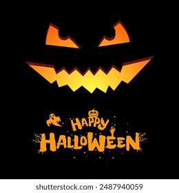 Happy Halloween party square banner design. Jack O Lantern carved scary spooky smiling face pumpkin on black background and creative inscription. Trick or Treat October 31 holiday eps greeting card