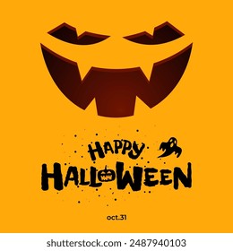 Feliz Anuncio cuadrado de la fiesta de Halloween. Calabaza Jack O Lantern tallada cara sonriente de miedo en fondo naranja y logo de celebración con lápida. Tarjeta de felicitación de las vacaciones de otoño del 31 de octubre