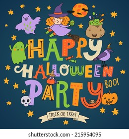 Happy Halloween party - stylish holiday card in vector. Cartoon background in bright colors