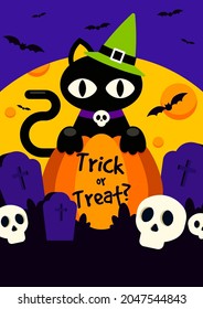 Happy halloween party template design background decorative with black cat and pumpkin flat design style, vector illustration