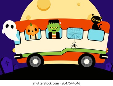 Happy Halloween Party Template Design Background Decorative Cute Character On The Bus Flat Design Style, Vector Illustration