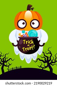 Happy halloween party template design background decorative with cute ghost in pumpkin head flat design style, vector illustration