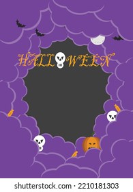 Happy Halloween party template or poster with night clouds and pumpkins in paper cut style. Vector illustration. Flying bats, candy and skulls. Place for text. Background. Black hole