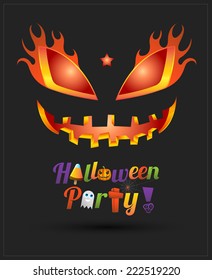 Happy Halloween party text design with face pumpkin on black background, vector illustration
