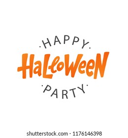 Happy Halloween party text logo. Design element for poster, banner, greeting card, party invitation. Vector illustration. Orange red lettering on white background