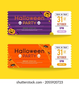 Happy Halloween party ticket template design vector illustration. Voucher coupon