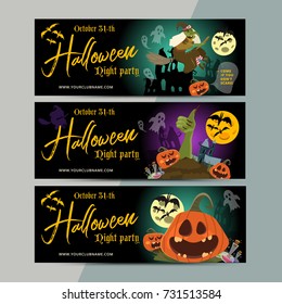 Happy Halloween party ticket template design. All hallow eve invitation flyer or poster in scary cartoon style. All saint holiday club event admission layout. Vector illustration.