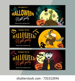 Happy Halloween party ticket template design. All hallow eve invitation flyer or poster in scary cartoon style. All saint holiday club event admission layout. Vector illustration.