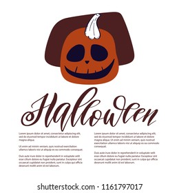 Happy halloween party title logo template. Evil pumpkin. happy halloween text bubble with pumpkin monster illustration.