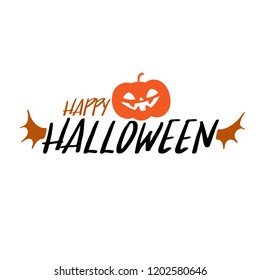 Happy halloween party title logo template. Bat wings shape with evil pumpkin.