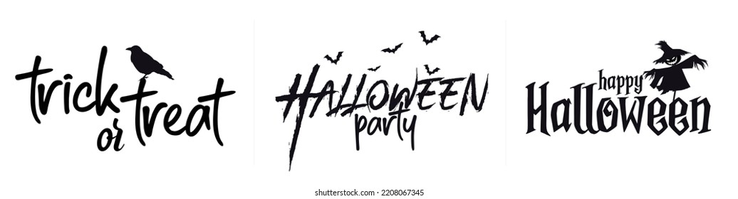 Happy Halloween party titles set of logo isolated on white background for October event, flying black bats, scarecrow. Halloween Trick or treat. Vector Illustration. Solid black icons.