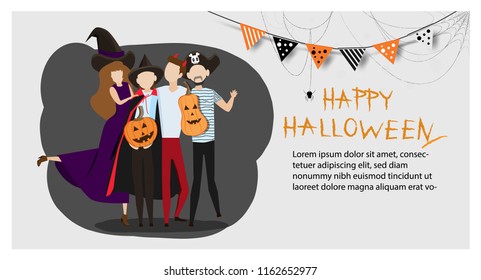 Happy halloween party trick or treat party decoration background,invitation card for holidays with hand bone cobweb and spider cartoon art design copy space with Text Banner, Vector