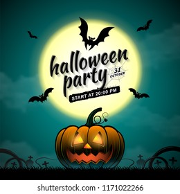 happy halloween party trick or treat banner template pumpkin, bats, and spider web on dark night background decoration for poster, flyer, web, sticker and card vector illustration