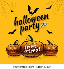 happy halloween party trick or treat banner template pumpkins, bats and spider web on yellow background decoration for poster, flyer, web, coupon and card vector illustration